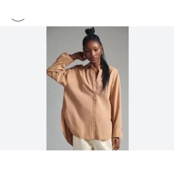 Maeve Anthropologie The Bennett Oversized Button Down Shirt Tan Long Sleeve XL - Picture 3 of 11